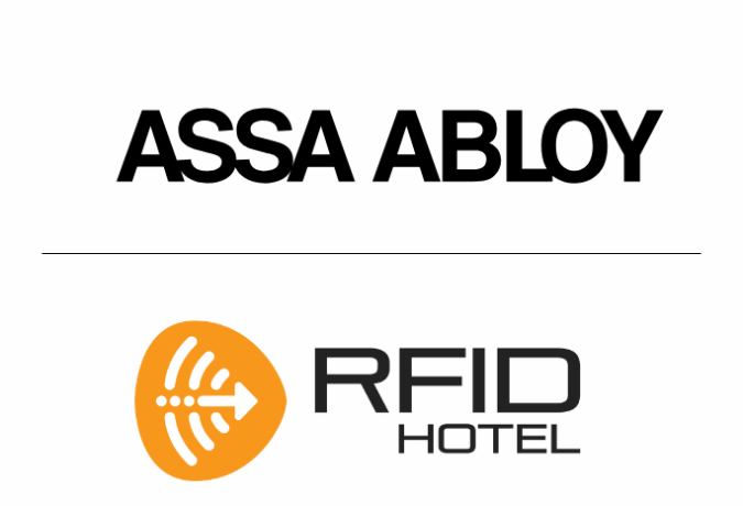 RFID Hotel and ASSA ABLOY Global Solutions VingCard partnership logo, highlighting trusted RFID key cards, wristbands, and access solutions for hotels.
