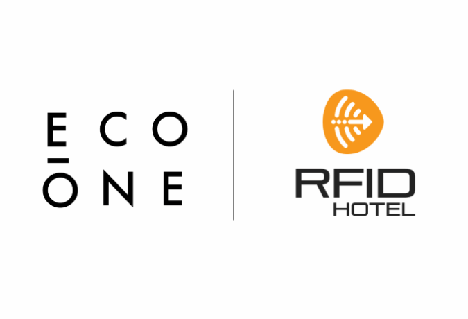 RFID Hotel and ECO ONE partnership logo showcasing collaboration to provide sustainable RFID key cards, wristbands, and eco-friendly hotel solutions in the French hospitality market