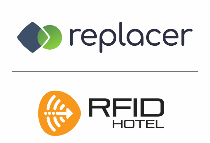 Co-branded RFID Hotel and Replacer partnership logo highlighting their collaboration to promote eco-friendly RFID key cards and sustainable hospitality solutions.