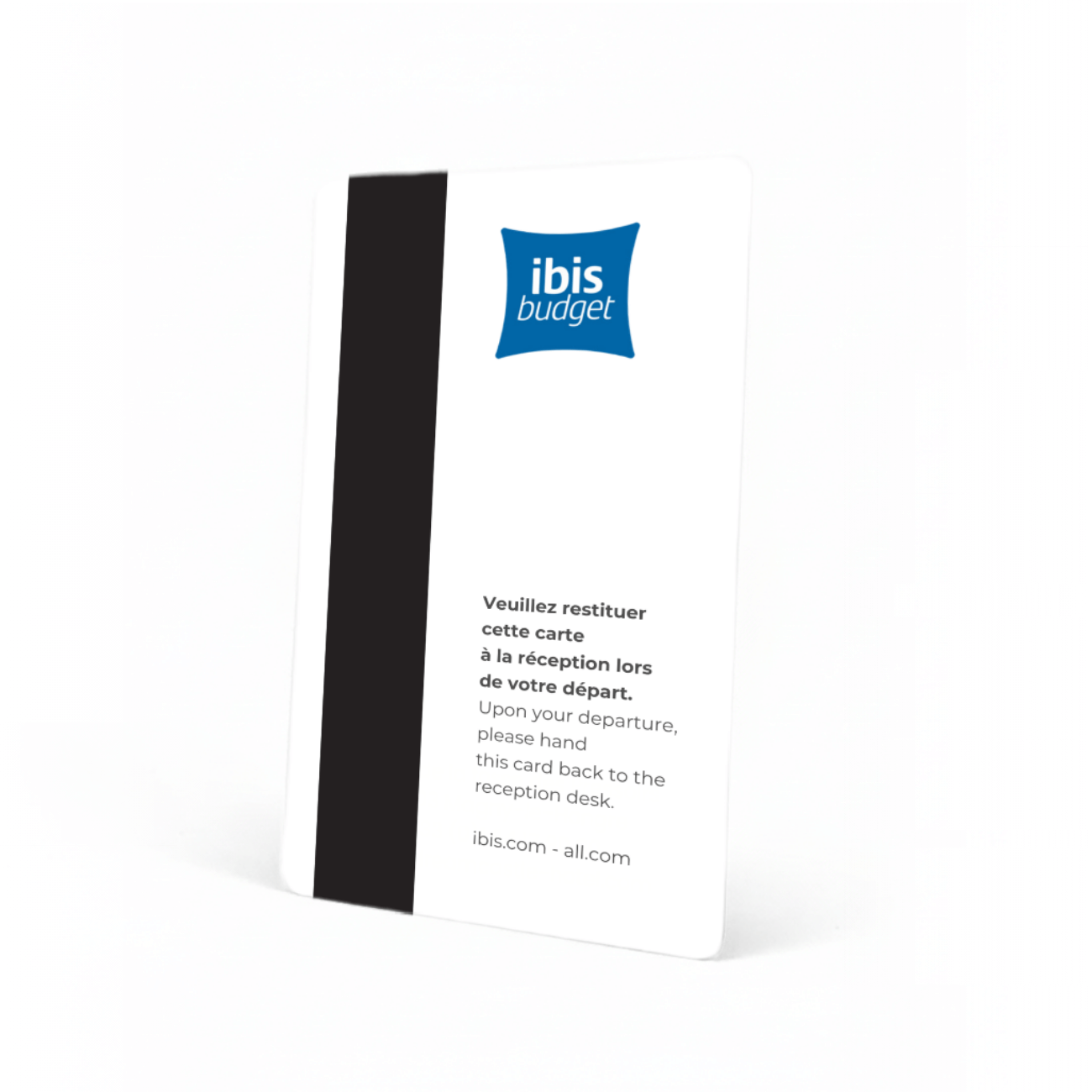 Back of ibis budget hotel key card with black magnetic stripe and return instructions