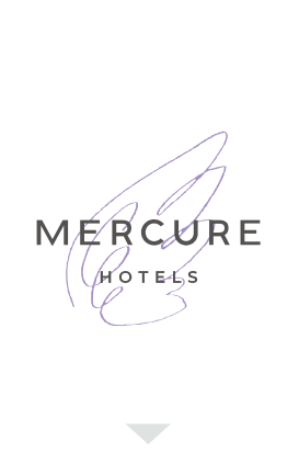 Front design of a Mercure Hotels RFID key card featuring the purple brushstroke logo on a white background.