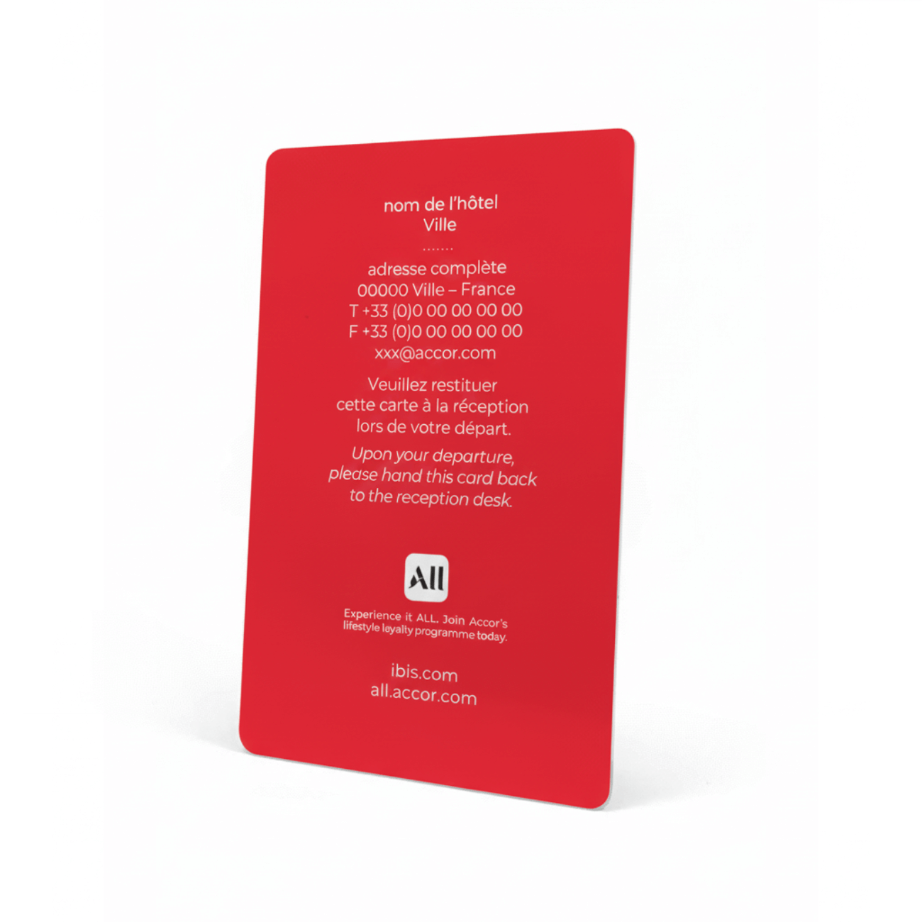 Back of red ibis RFID hotel key card with hotel contact details and ALL loyalty message