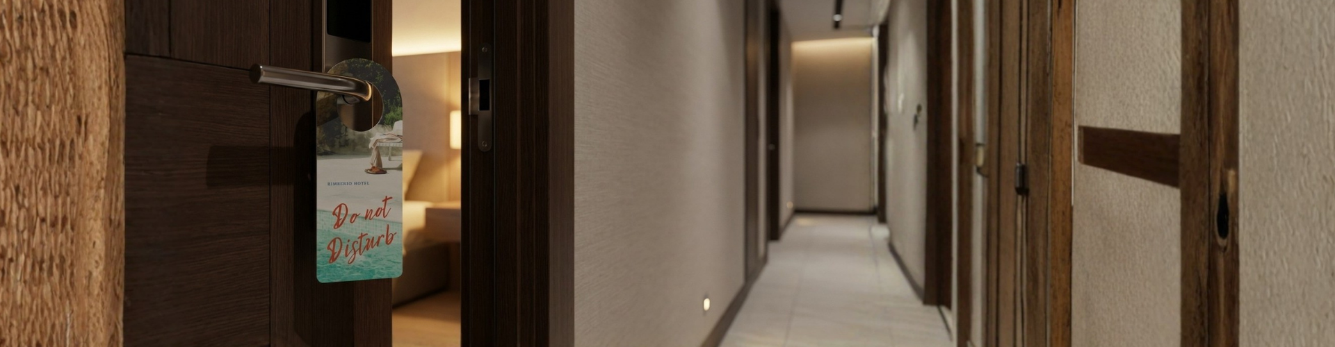 Custom "Do not Disturb" hotel door hanger with a resort pool design hanging on a hotel room door, with a blurred hotel corridor in the background