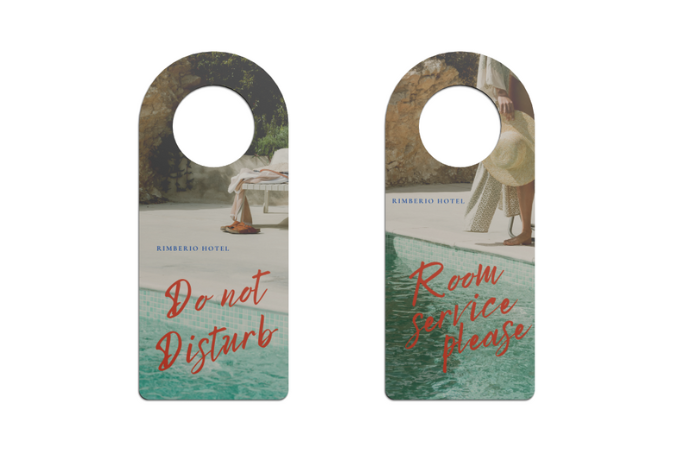 Custom hotel door hangers with "Do not Disturb" and "Room Service please" messages, featuring a resort pool design
