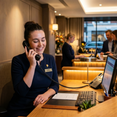 Receptionist on the phone at front desk
